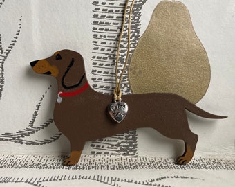 Dachshund hanging decoration with love my Dog charm. Handmade and painted wooden dachshund gift. Chocolate and tan.