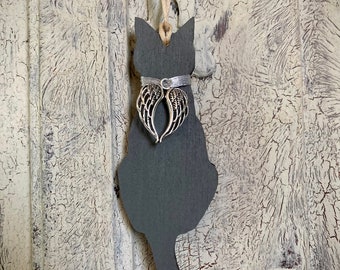 Grey Cat memorial personalised option, wooden hanging ornament, cat momento.