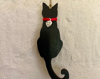 Hand Painted Black Cat Ornament, Wooden Kitty Decoration