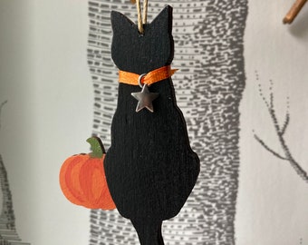 Halloween Black cat with pumpkin hanging decoration, cat gift, black cat ornament, cat lovers gift, Halloween decoration