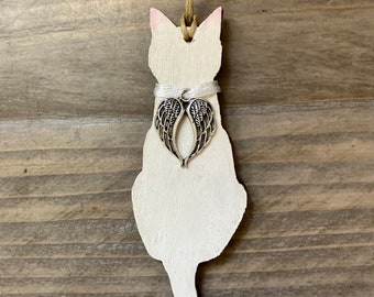 White Cat memorial personalised, wooden hanging ornament, cat momento.