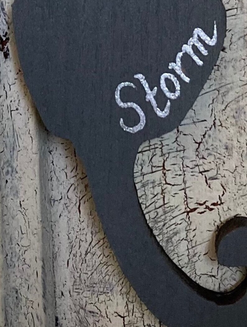 May include: A gray wooden sign with a black silhouette of a mustache and the word "Storm" written in white paint.
