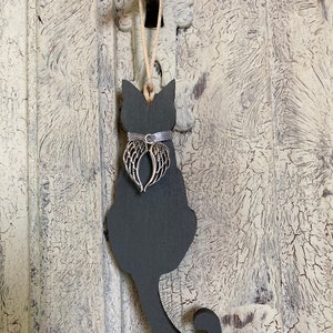 Grey Cat memorial personalised option, wooden hanging ornament, cat momento.