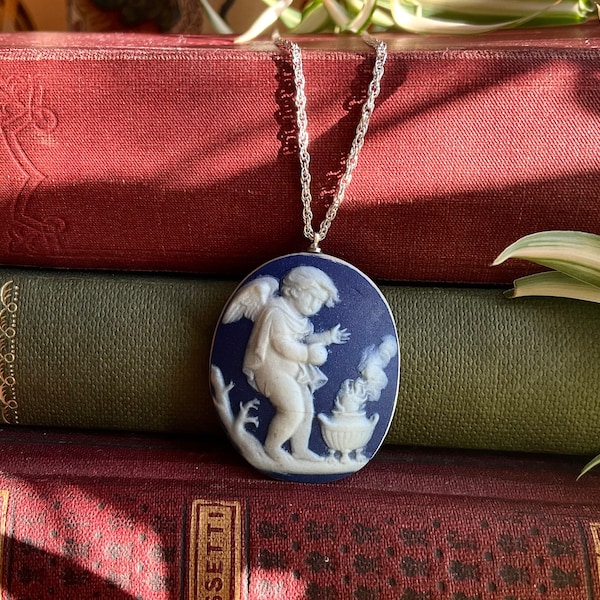 Antique Blue Dipped Wedgwood Jasper Ware Cameo Pendant Necklace Broken China Jewellery Recycled HandCrafted Wedgwood England