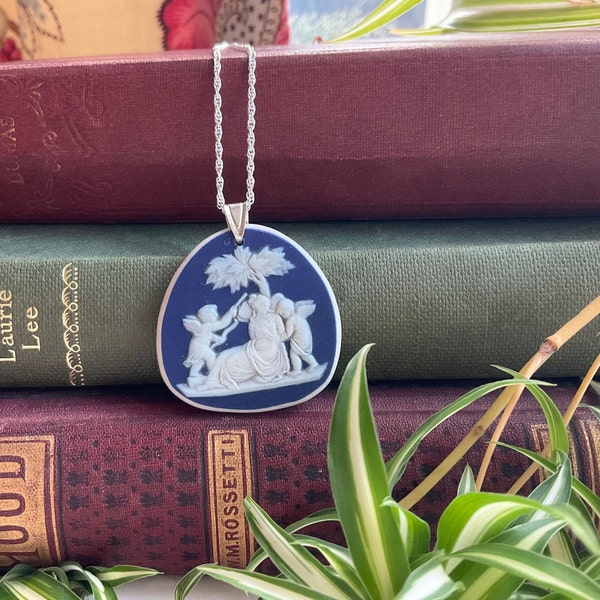 Antique Blue Dip Wedgwood Jasper Ware cameo Pendant Necklace Broken China Handcrafted Wedgwood England