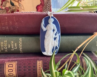 Wonderful Antique Blue Dip Wedgwood Jasper Ware Cameo Pendant Necklace Recycled Handcrafted Broken China.