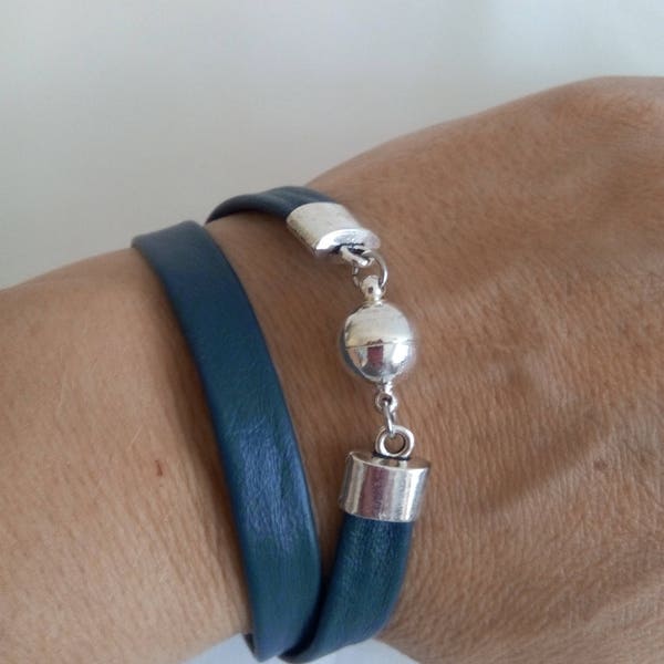 Bracelet double en cuir d'agneau bleu canard fermoir aimant