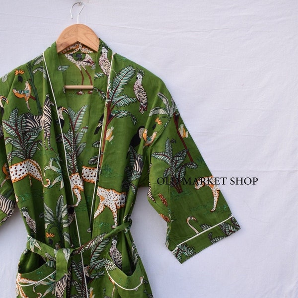 Groene 100% Katoen Indian Beach Kimono Robe, Kimono Robe, Katoenen Badjas, Douche Robe, Zwangerschaps badjas Badjas Dressing Jurk Beachwear lang / kort