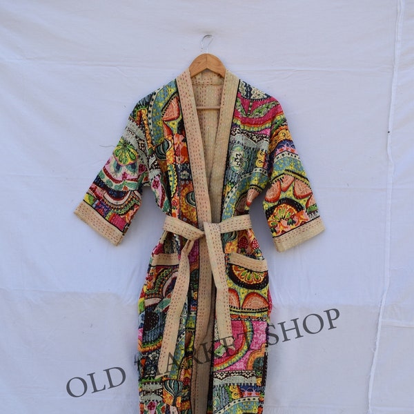 Frauen Männer Kimono Robe Floral Print Kantha Jacke japanische Kimono-Stil Strand tragen Boho Kantha Robe langer Mantel Boho Brautjungfer Robe Geschenke