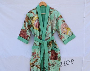 Handmade Floral Print kantha jacket Japanese kimono style Beach wear bohemian kantha robe winter jacket multi colored tie belt long coat