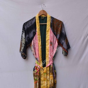 bridal kimono dress, sari fabric kimono jacket, oriental robe, recycled kimono art silk, bohemian women's clothing, swimming Bikniwrap dress