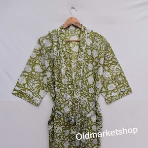 100% Cotton Indian Green Beach Kimono Robe ,Kimono Robe,Cotton Robe,Shower Robe, Maternity Robe Bath robe Dressing Gown Beachwear long/short