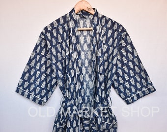 Indigo100% Cotton Indian Beach Kimono Robe ,Kimono Robe,Cotton Robe,Shower Robe, Maternity Robe Bath robe Dressing Gown Beachwear long/short