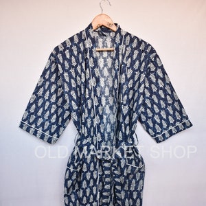 Indigo 100% katoen Indiase strandkimonogewaad, kimonogewaad, katoenen badjas, douchegewaad, moederschapsgewaad Badjas Kamerjas Beachwear lang/kort