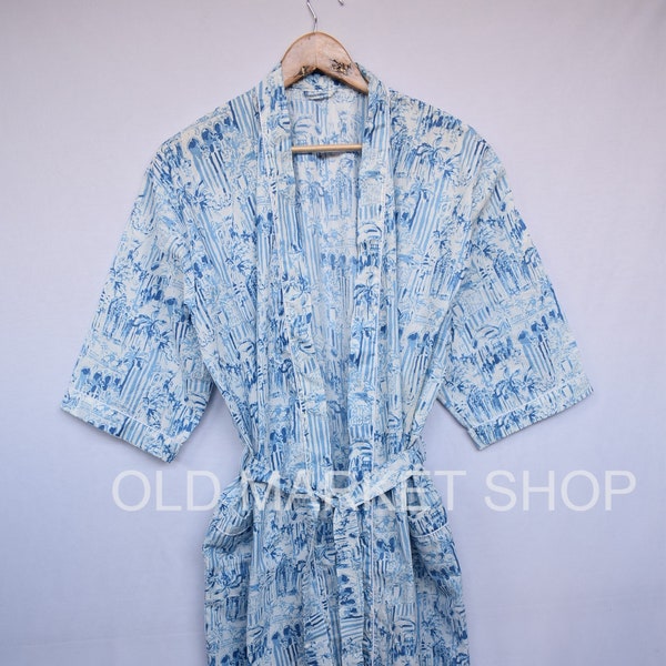 Blue Indian Cotton Sleepwear robes Nightdress Kimono Bathkimono Indian Long short kimono Hippie Womens coverup Dress Bath Robe Night Gown