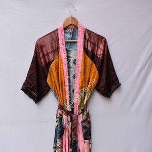 bridal kimono dress, sari fabric kimono jacket, oriental robe, recycled kimono art silk, bohemian women's clothing, swimming Bikniwrap dress