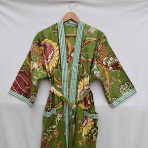 Green women Cotton floral Sleepwear robes Nightdress Kimono Bathrobe dresses wedding bridesmaid maternity shower robe kaftan Gown summer