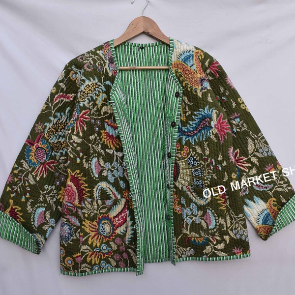 Green Jacket quilted women men girls short long stylish blockprint Cotton Fabric quilted Jacket Floral Women's Coat,Reversible gifts for Her