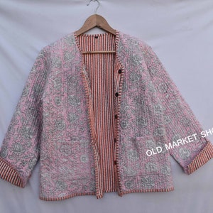 Chaqueta patchwork hecha a mano, chaqueta patchwork de algodón cosida a mano, abrigo Sari Kantha de algodón, chaqueta corta chaqueta corta de invierno amarillo
