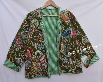 Green Jacket quilted women men girls short long stylish blockprint Cotton Fabric quilted Jacket Floral Women's Coat,Reversible gifts for Her