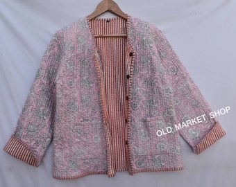 Handgenähte Patchwork Jacke, Baumwolle Sari Kantha Mantel, Gelbe Winter Kurz Blazer