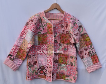 Pink Jackets quilted Kantha Vintage Patchwork Jacket Handmade Coat kimono jackets for girls women winyer jacket indigo Red cotton sari patch