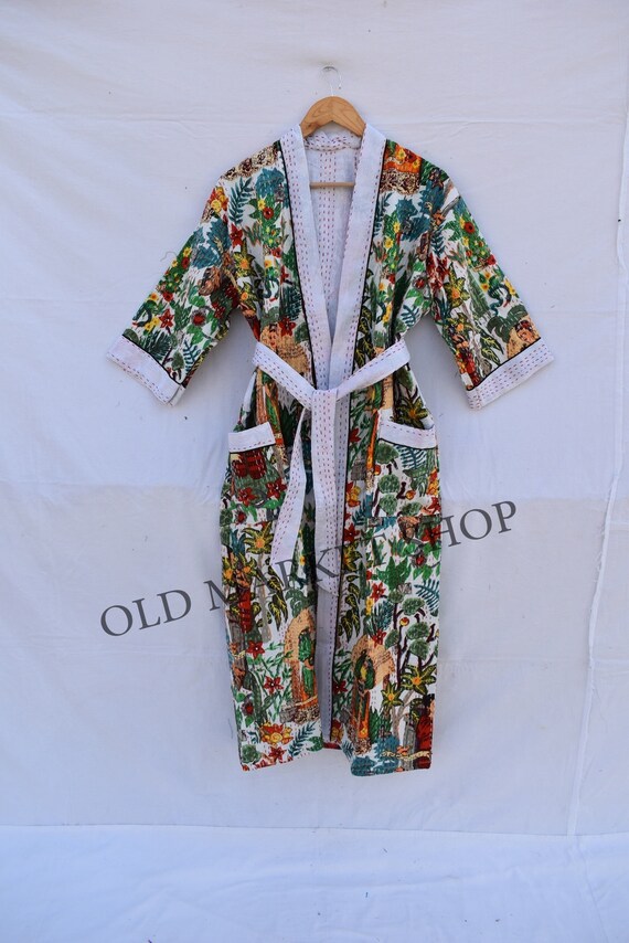 Handmade Floral Print kantha jacket Japanese kimono style Beach wear bohemian kantha robe winter jacket multi colored tie belt long coat.