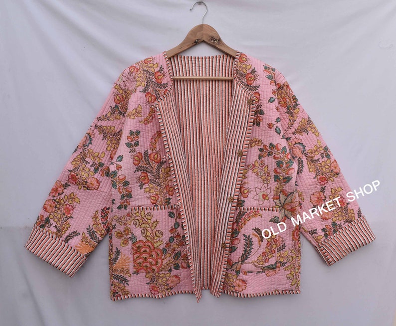 Grüne Jacke gesteppte Frauen Männer Mädchen kurze lange stilvolle Blockprint Baumwollstoff gesteppte Jacke Blumen Damen Mantel, Wendegeschenke für Sie Rosa