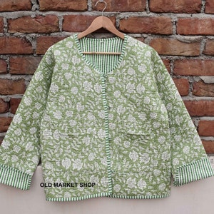 Grüne Jacke gesteppte Frauen Männer Mädchen kurze lange stilvolle Blockprint Baumwollstoff gesteppte Jacke Blumen Damen Mantel, Wendegeschenke für Sie Green flower