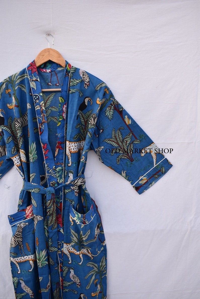Green 100% Cotton Indian Beach Kimono Robe ,Kimono Robe,Cotton Robe,Shower Robe, Maternity Robe Bath robe Dressing Gown Beachwear long/short Blue
