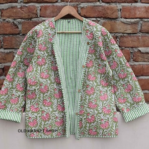 Grüne Jacke gesteppte Frauen Männer Mädchen kurze lange stilvolle Blockprint Baumwollstoff gesteppte Jacke Blumen Damen Mantel, Wendegeschenke für Sie Green withred floral