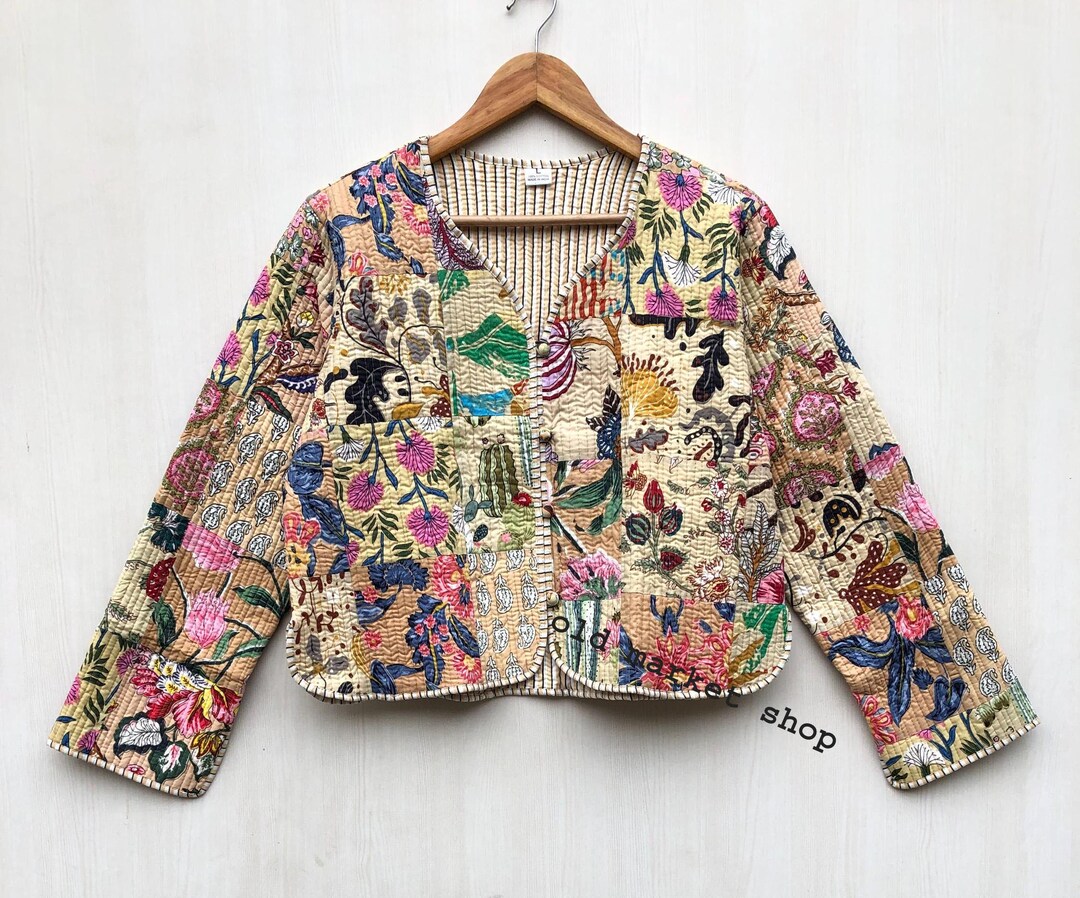 Vestes blanches patchwork matelassé Kantha Vestes vintage