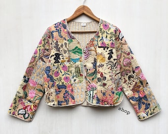 Chaquetas blancas acolchadas patchwork Kantha Chaquetas vintage Abrigo Chaquetas kimono de diseñador para niñas y mujeres Chaqueta índigo boho estampado en bloque corta