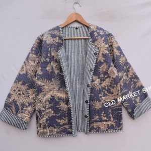 Veste de mode réversible matelassée en coton kantha florale femmes filles veste hiver été boho long manteau court boho cadeau de demoiselle d'honneur Bleu