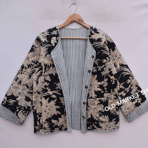 Cotton quilted reversible fashion jacket coat Floral kantha women girls jacket winter summer bohemian long short coat boho bridesmaid gift Black