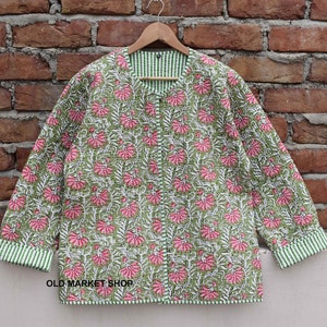 Grüne Jacke gesteppte Frauen Männer Mädchen kurze lange stilvolle Blockprint Baumwollstoff gesteppte Jacke Blumen Damen Mantel, Wendegeschenke für Sie Bild 3