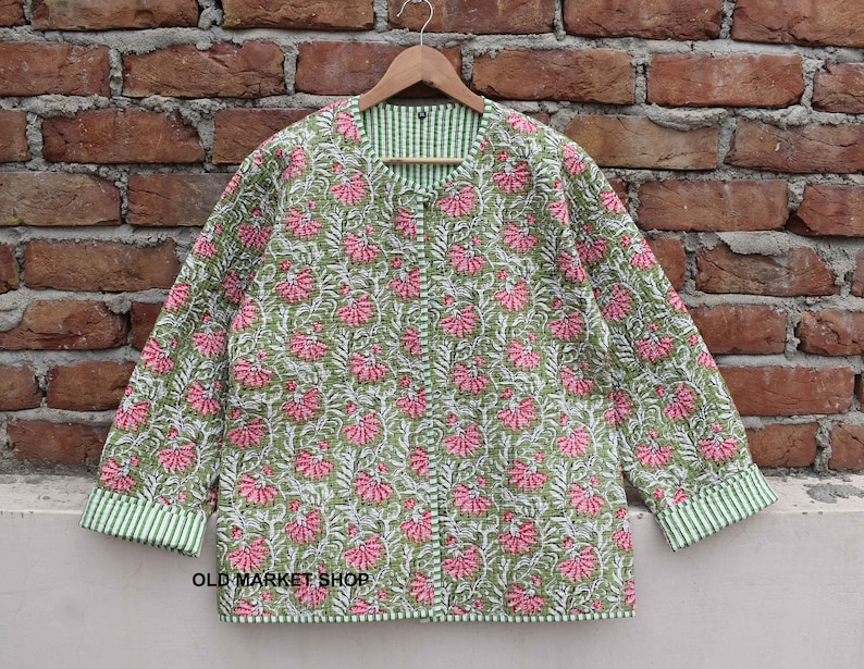 Grüne Jacke gesteppte Frauen Männer Mädchen kurze lange stilvolle Blockprint Baumwollstoff gesteppte Jacke Blumen Damen Mantel, Wendegeschenke für Sie Bild 3