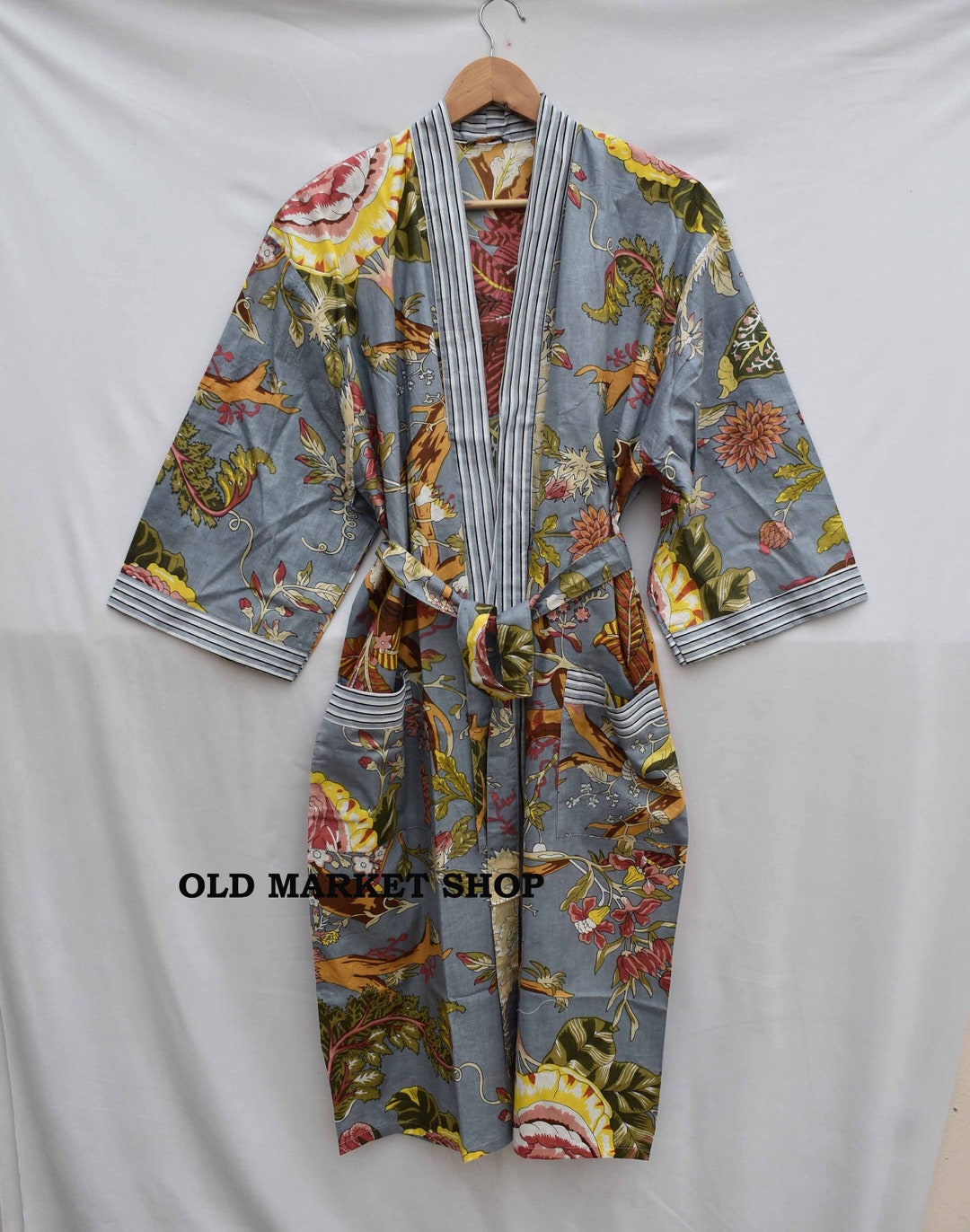 Grey 100% Cotton Indian Beach Kimono Robe ,kimono Robe,cotton Robe ...