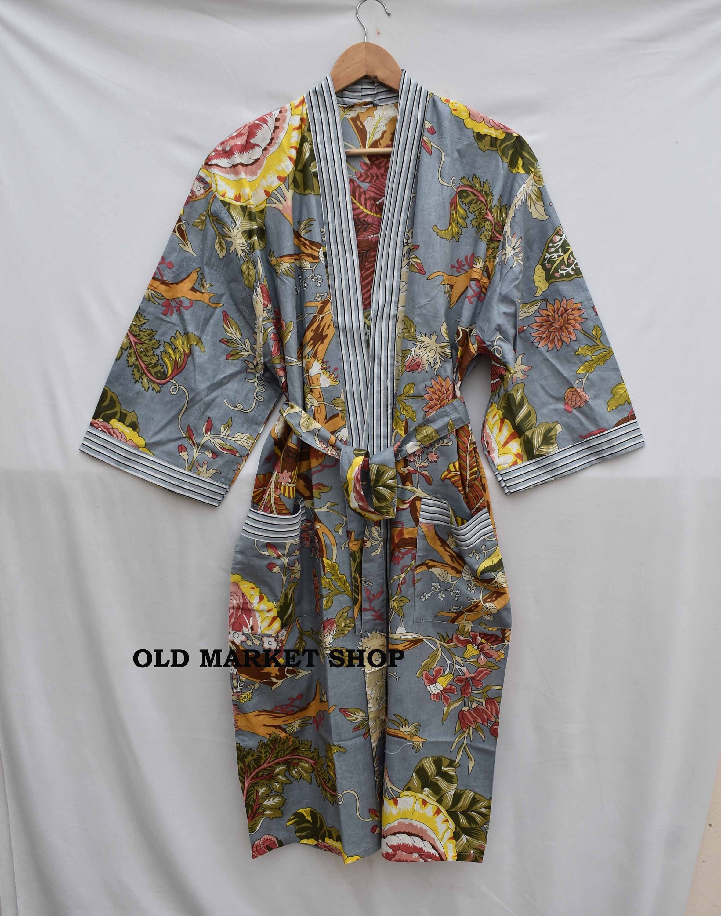 Grey 100% Cotton Indian Beach Kimono Robe ,Kimono Robe,Cotton Robe,Shower Robe, Maternity Robe Bath robe Dressing Gown Beachwear long/short