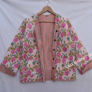 Pink Women quilted jacket kimono Robe Floral Print kantha jacket winter summer bohemian kantha robe long coat boho bridesmaid Robe gifts