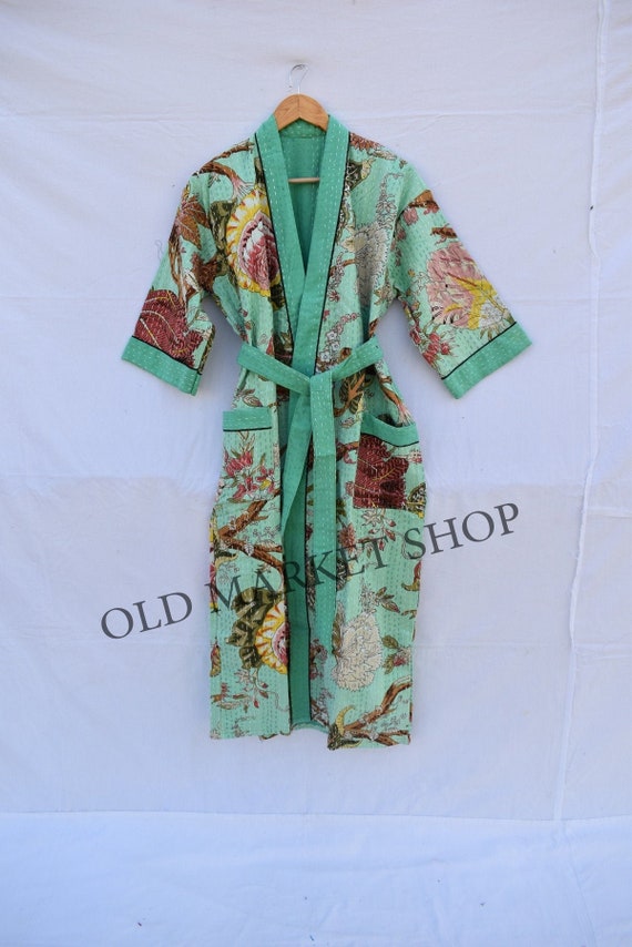 Handmade Floral Print kantha jacket Japanese kimono style Beach wear bohemian kantha robe winter jacket multi colored tie belt long coat.