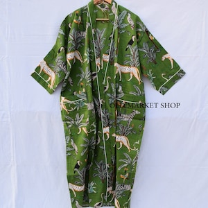 Green 100% Cotton Indian Beach Kimono Robe ,Kimono Robe,Cotton Robe,Shower Robe, Maternity Robe Bath robe Dressing Gown Beachwear long/short image 3