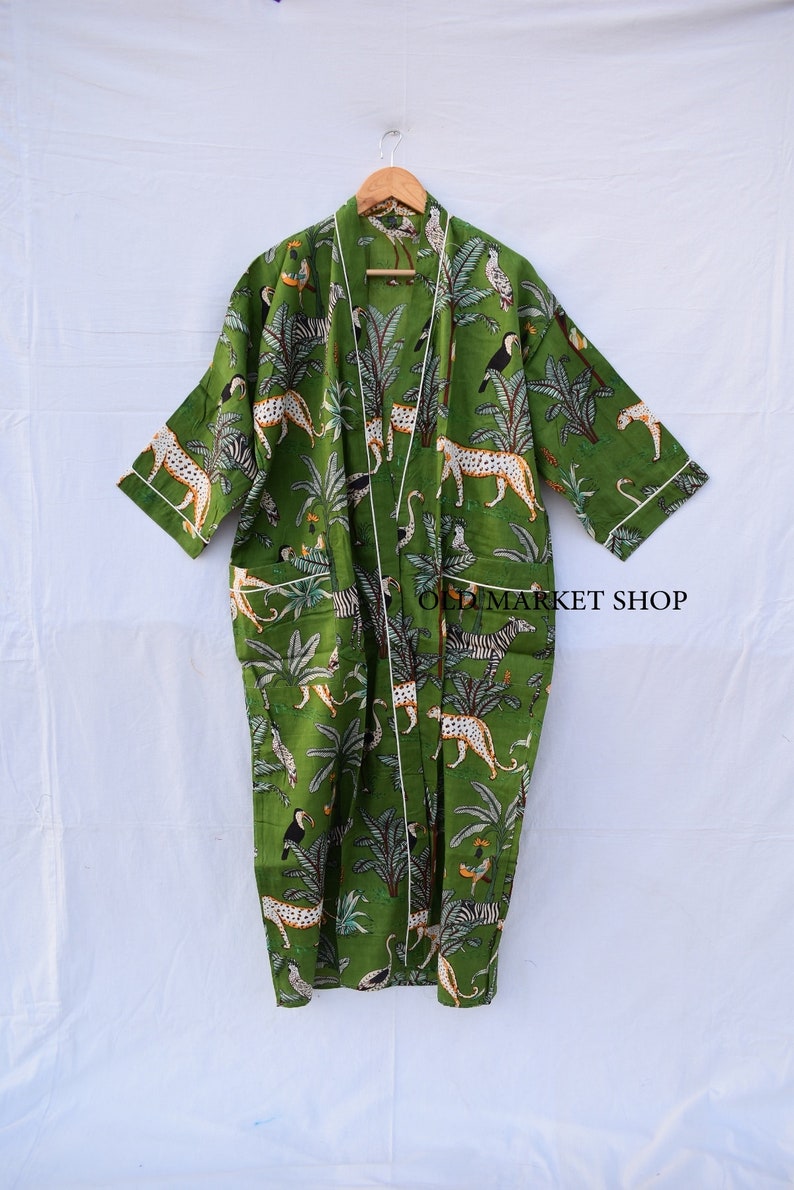 Green 100% Cotton Indian Beach Kimono Robe ,Kimono Robe,Cotton Robe,Shower Robe, Maternity Robe Bath robe Dressing Gown Beachwear long/short image 3