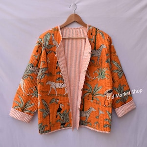 Cotton Quilted Jacket Women Wear Front Open Kimono Stripe piping HandMade Vintage Quilted Jacket , Coats , New Style, Boho..double side wear