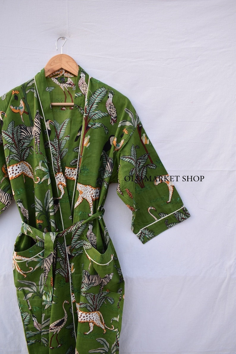 Green 100% Cotton Indian Beach Kimono Robe ,Kimono Robe,Cotton Robe,Shower Robe, Maternity Robe Bath robe Dressing Gown Beachwear long\/short