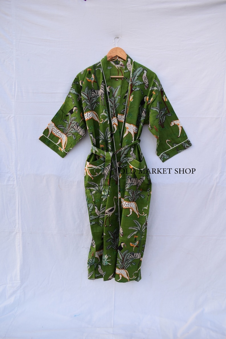 Green 100% Cotton Indian Beach Kimono Robe ,Kimono Robe,Cotton Robe,Shower Robe, Maternity Robe Bath robe Dressing Gown Beachwear long/short image 2