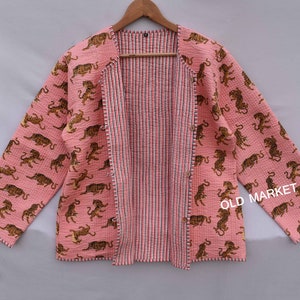 Veste de mode réversible matelassée en coton kantha florale femmes filles veste hiver été boho long manteau court boho cadeau de demoiselle d'honneur Pink tiger