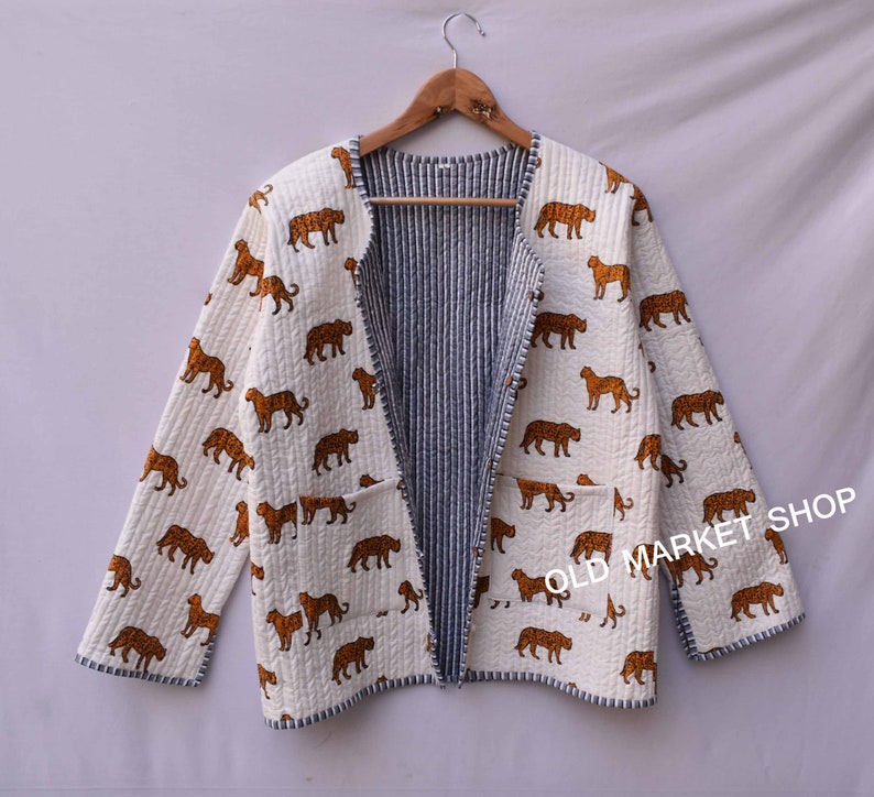 Baumwolle gesteppte Wende-Mode Jacke Mantel Floral Kantha Frauen Mädchen Jacke Winter Sommer Boho lange Kurzmantel Boho Brautjungfer Geschenk White tiger