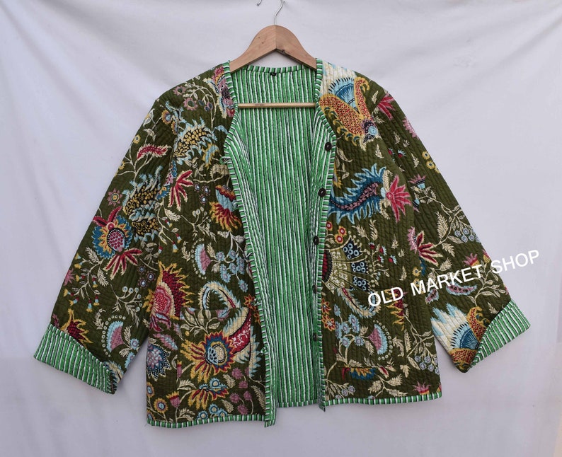 Grüne Jacke gesteppte Frauen Männer Mädchen kurze lange stilvolle Blockprint Baumwollstoff gesteppte Jacke Blumen Damen Mantel, Wendegeschenke für Sie Green crown print