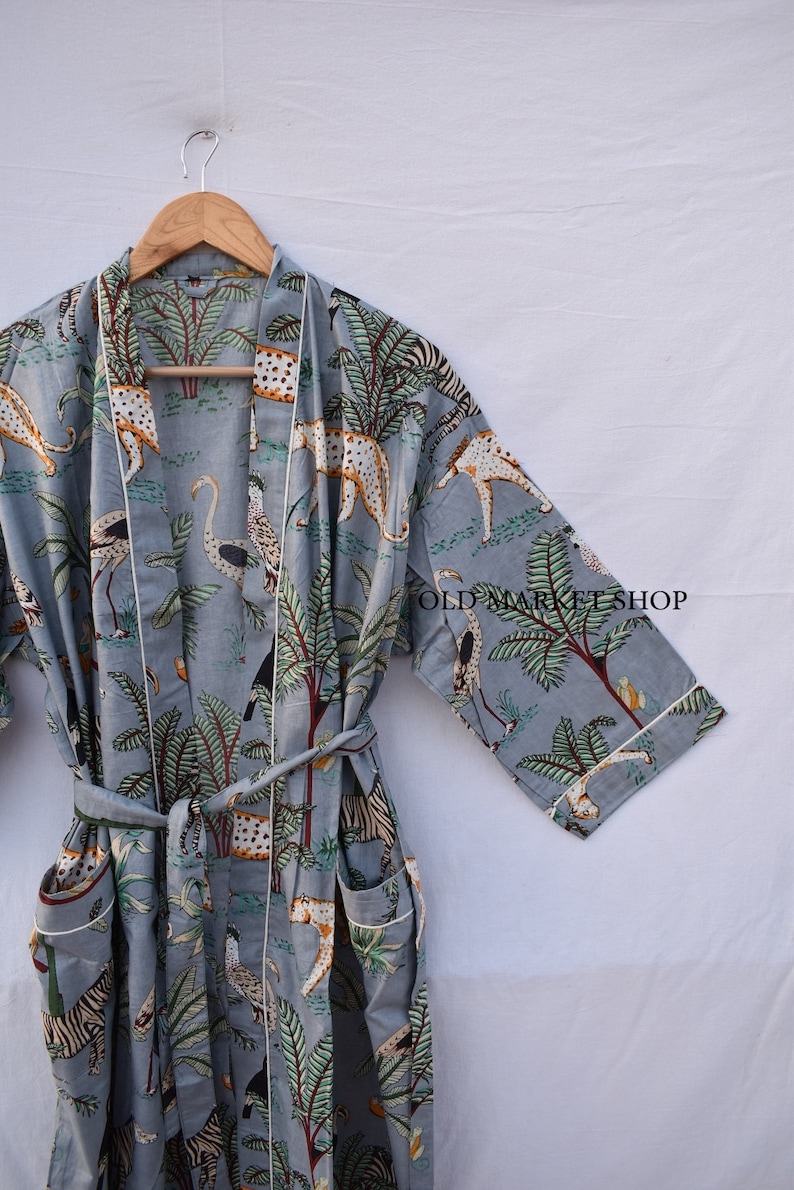 Green 100% Cotton Indian Beach Kimono Robe ,Kimono Robe,Cotton Robe,Shower Robe, Maternity Robe Bath robe Dressing Gown Beachwear long/short Grey